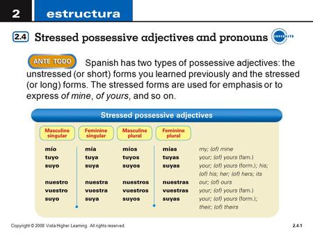 Spanish has two types of possessive adjectives: the unstressed (or short) forms you learned previously and the stressed (or long) forms. The stressed forms.