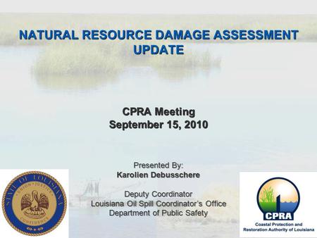 NATURAL RESOURCE DAMAGE ASSESSMENT UPDATE CPRA Meeting September 15, 2010 Presented By: Karolien Debusschere Deputy Coordinator Louisiana Oil Spill Coordinator’s.