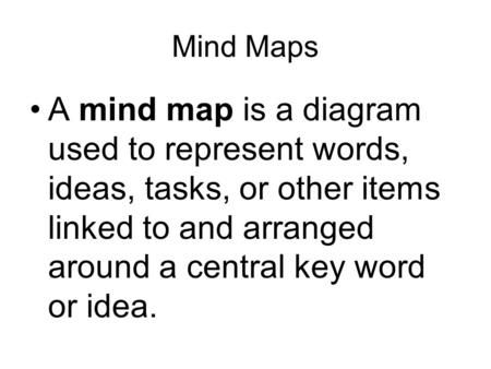 Mind Maps A mind map is a diagram used to represent words, ideas, tasks, or other items linked to and arranged around a central key word or idea.