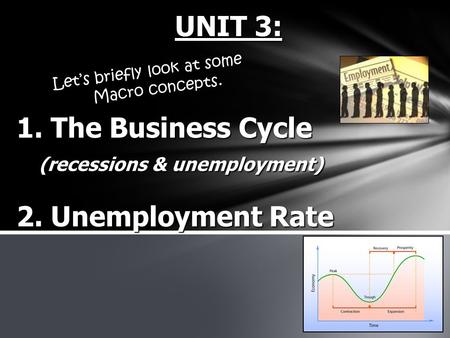 1. The Business Cycle (recessions & unemployment) 2. Unemployment Rate UNIT 3: Let’s briefly look at some Macro concepts.