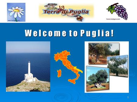 1 W e l c o m e t o P u g l i a !. 2 Our Region and our country Geography Puglia is a region in Southern Italy. Its population amounts to 4.000.000 million.