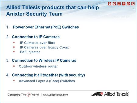 1 1. Power over Ethernet (PoE) Switches 2.Connection to IP Cameras  IP Cameras over fibre  IP Cameras over legacy Co-ax  PoE Injector 3.Connection to.