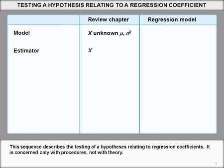 TESTING A HYPOTHESIS RELATING TO A REGRESSION COEFFICIENT This sequence describes the testing of a hypotheses relating to regression coefficients. It is.