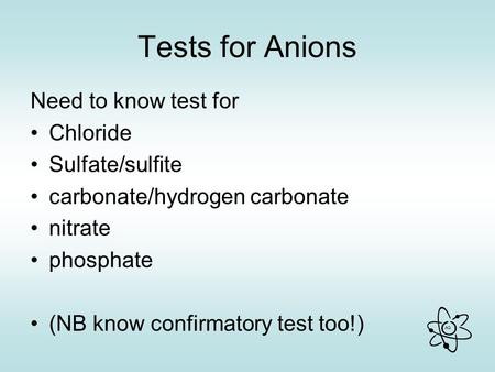 Tests for Anions Need to know test for Chloride Sulfate/sulfite