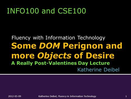 Fluency with Information Technology INFO100 and CSE100 Katherine Deibel 2012-05-09Katherine Deibel, Fluency in Information Technology1.