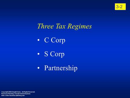 Copyright 2005 Dwight Drake. All Rights Reserved. Business Planning: Closely Held Enterprises www. drake-business-planning.com 3-2 Three Tax Regimes C.