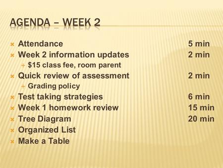  Attendance5 min  Week 2 information updates2 min  $15 class fee, room parent  Quick review of assessment2 min  Grading policy  Test taking strategies6.