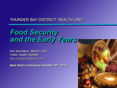 THUNDER BAY DISTRICT HEALTH UNIT Food Security and the Early Years Kim McGibbon, MScCH, RD Public Health Dietitian Best Start Conference.