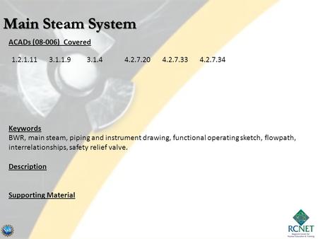 ACADs (08-006) Covered Keywords BWR, main steam, piping and instrument drawing, functional operating sketch, flowpath, interrelationships, safety relief.