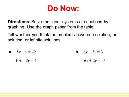 Directions: Solve the linear systems of equations by graphing. Use the graph paper from the table. Tell whether you think the problems have one solution,