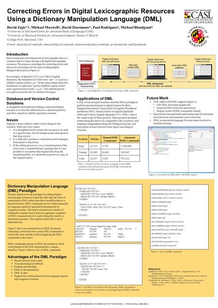 Correcting Errors in Digital Lexicographic Resources Using a Dictionary Manipulation Language (DML) David Zajic*†, Michael Maxwell†, David Doermann*, Paul.