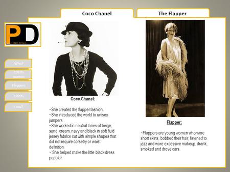 Who? 1910’s women Flappers 1920’s How? Coco ChanelThe Flapper Coco Chanel: ~She created the flapper fashion. ~She introduced the world to unisex jumpers.