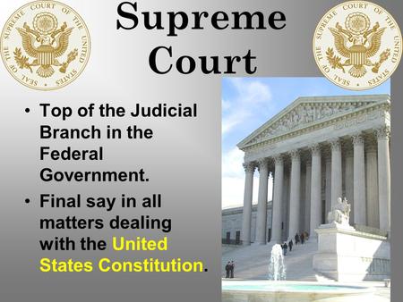 Supreme Court Top of the Judicial Branch in the Federal Government. Final say in all matters dealing with the United States Constitution.