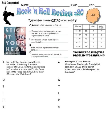 Name _______________________________ Date ________ Per. ____ Remember to use QTIPS when solving! 1. __/20 2. Question: what you need to find out Thought: