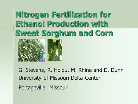 Nitrogen Fertilization for Ethanol Production with Sweet Sorghum and Corn G. Stevens, R. Holou, M. Rhine and D. Dunn University of Missouri-Delta Center.