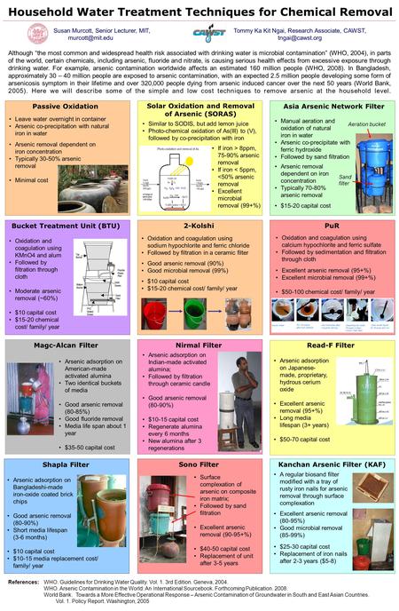 Household Water Treatment Techniques for Chemical Removal Susan Murcott, Senior Lecturer, MIT, Passive Oxidation Solar Oxidation and Removal.