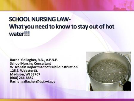 Rachel Gallagher, R.N., A.P.N.P. School Nursing Consultant Wisconsin Department of Public Instruction 125 S. Webster St. Madison, WI 53707 (608) 266-8857.