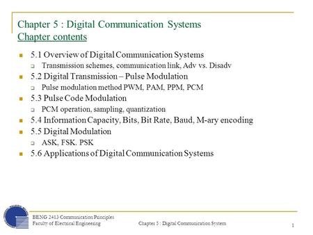 Chapter 5 : Digital Communication Systems Chapter contents