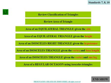 1 Standards 7, 8, 10 Review Classification of Triangles Review Area of Triangle Area of an EQUILATERAL TRIANGLE given the side Area of an EQUILATERAL.