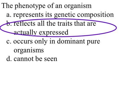 The phenotype of an organism a. represents its genetic composition b