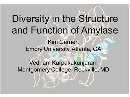 Diversity in the Structure and Function of Amylase Kim Gernert Emory University, Atlanta, GA Vedham Karpakakunjaram Montgomery College, Rockville, MD.