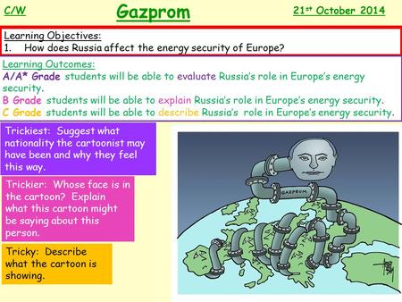 Gazprom Learning Objectives: 1.How does Russia affect the energy security of Europe? Learning Outcomes: A/A* Grade students will be able to evaluate Russia’s.