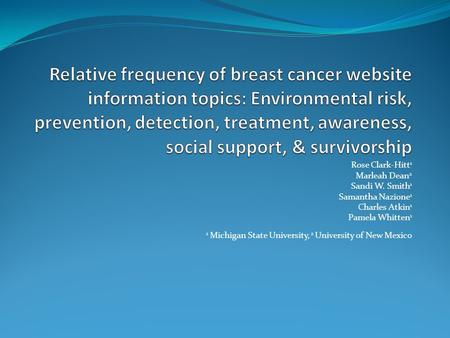 Rose Clark-Hitt 1 Marleah Dean 2 Sandi W. Smith 1 Samantha Nazione 1 Charles Atkin 1 Pamela Whitten 1 1 Michigan State University, 2 University of New.