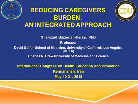 REDUCING CAREGIVERS BURDEN: AN INTEGRATED APPROACH Shahrzad Bazargan-Hejazi, PhD Professor David Geffen School of Medicine, University of California Los.