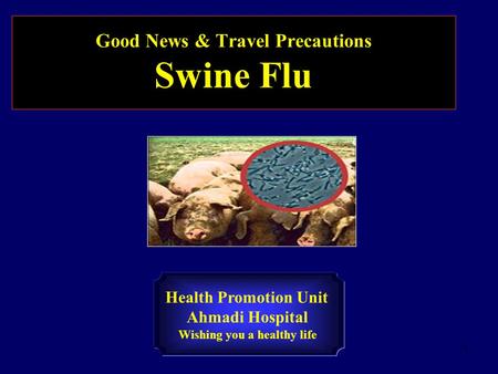 1 Good News & Travel Precautions Swine Flu Health Promotion Unit Ahmadi Hospital Wishing you a healthy life.