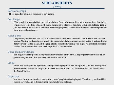 Parts of a graph There are a few elements common to any graph. Data Range The graph is a pictorial interpretation of data. Generally, you will create a.