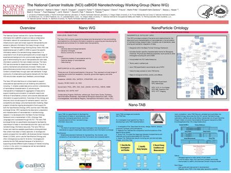 Overview Nano WG The National Cancer Institute (NCI) caBIG® Nanotechnology Working Group (Nano WG) Jessica M. Adamick 1, Nathan A. Baker 2, Alan R. Chappell.