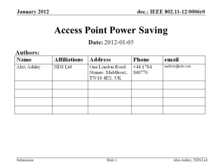 Doc.: IEEE 802.11-12/0006r0 Submission January 2012 Alex Ashley, NDS LtdSlide 1 Access Point Power Saving Date: 2012-01-05 Authors: