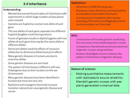 3.4 Inheritance Understanding: -Mendel discovered the principles of inheritance with experiments in which large numbers of pea plants were crossed -Gametes.