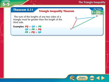 Concept. Example 1 Identify Possible Triangles Given Side Lengths A. Is it possible to form a triangle with the given side lengths of 6, 6, and 14 ? If.