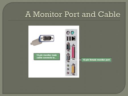 15-pin monitor male cable connects to... 15-pin female monitor port.