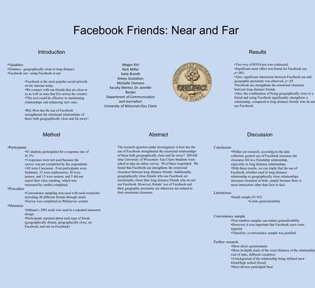 Facebook Friends: Near and Far Abstract Introduction Method Two-way ANOVA test was conducted. Significant main effect was found for Facebook use. p=.001.