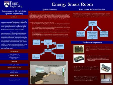 Energy Smart Room GROUP 9 PRESENTERS DEMO DATE SPECIAL THANKS TO ADVISOR PRESENTERS Thursday April 19, 2007 Department of Electrical and Systems Engineering.