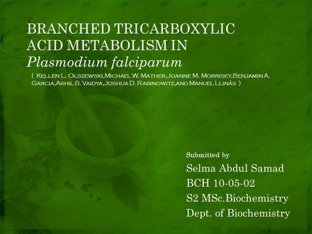 BRANCHED TRICARBOXYLIC ACID METABOLISM IN Plasmodium falciparum Submitted by Selma Abdul Samad BCH 10-05-02 S2 MSc.Biochemistry Dept. of Biochemistry (