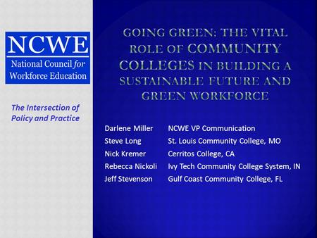 Darlene MillerNCWE VP Communication Steve LongSt. Louis Community College, MO Nick KremerCerritos College, CA Rebecca NickoliIvy Tech Community College.