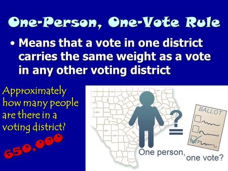 One-Person, One-Vote Rule Means that a vote in one district carries the same weight as a vote in any other voting districtMeans that a vote in one district.