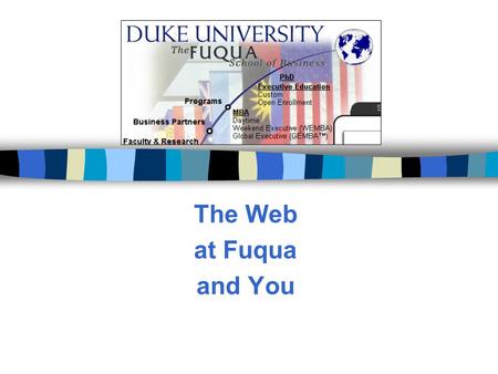 The Web at Fuqua and You. New opportunities n Selection of DreamWeaver as Fuqua’s standard web editing software. n The imminent selection of easy-to-use.