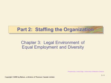 3 - 1 Copyright © 2008 by Nelson, a division of Thomson Canada Limited. Part 2: Staffing the Organization Chapter 3: Legal Environment of Equal Employment.