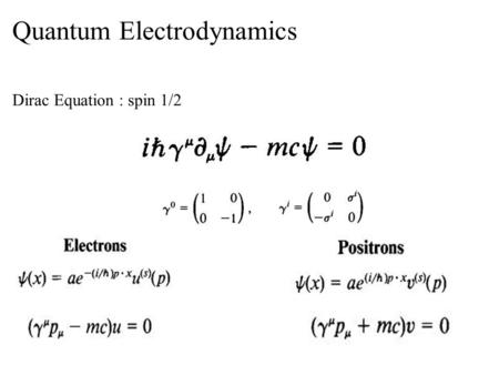 Quantum Electrodynamics Dirac Equation : spin 1/2.