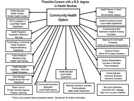Community Health Option Health Educator Local Health Department *Possible Careers with a B.S. degree in Health Studies Health Educator Health Centers,
