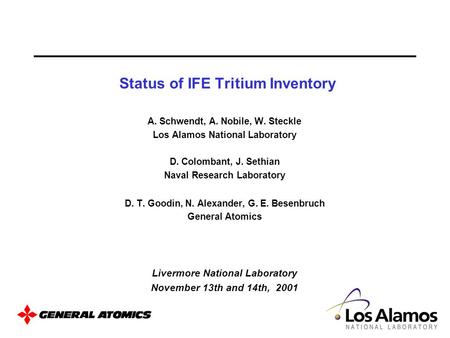 A. Schwendt, A. Nobile, W. Steckle Los Alamos National Laboratory D. Colombant, J. Sethian Naval Research Laboratory D. T. Goodin, N. Alexander, G. E.