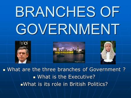 BRANCHES OF GOVERNMENT What are the three branches of Government ? What are the three branches of Government ? What is the Executive? What is the Executive?