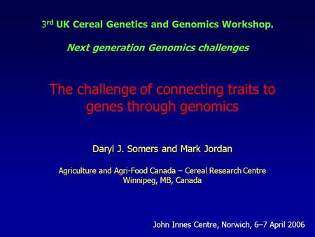 3 rd UK Cereal Genetics and Genomics Workshop. Next generation Genomics challenges 3 rd UK Cereal Genetics and Genomics Workshop. Next generation Genomics.