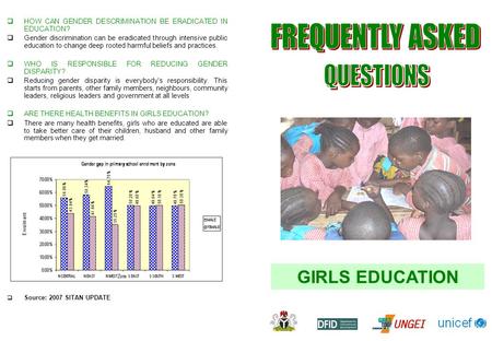  HOW CAN GENDER DESCRIMINATION BE ERADICATED IN EDUCATION?  Gender discrimination can be eradicated through intensive public education to change deep.