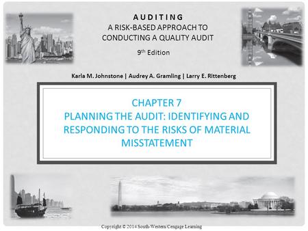 A U D I T I N G A RISK-BASED APPROACH TO CONDUCTING A QUALITY AUDIT 9 th Edition Karla M. Johnstone | Audrey A. Gramling | Larry E. Rittenberg Copyright.