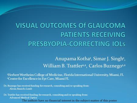 Anupama Kotha 1, Simar J. Singh 1, William B. Trattler 1,2, Carlos Buznego 1,2 The authors have no financial interest in the subject matter of this poster.